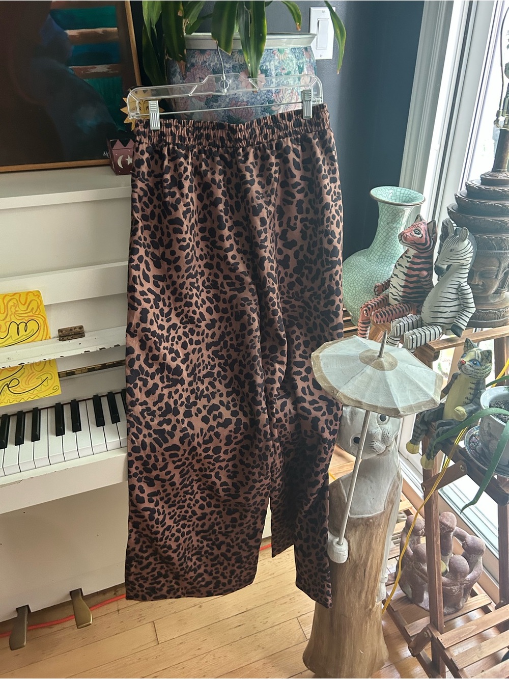 Leopard Print Wide Leg Palazzo Pants Elastic Waist Lounge Boho Women’s Large - Picture 9 of 15